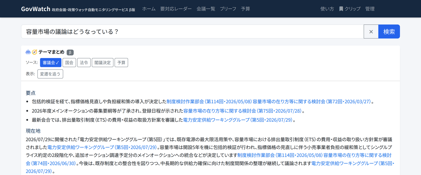 GovWatch のテーマまとめ画面。容量市場についての回答が、一文ごとに会議名・回次・開催日のリンクつきで表示されている