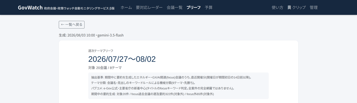 GovWatch の週次ブリーフ冒頭。抽出基準として、対象とした会議の条件、テーマ分類の方法、パブリックコメントは全案件の完全網羅ではないこと、対象外とした件数が明記されている